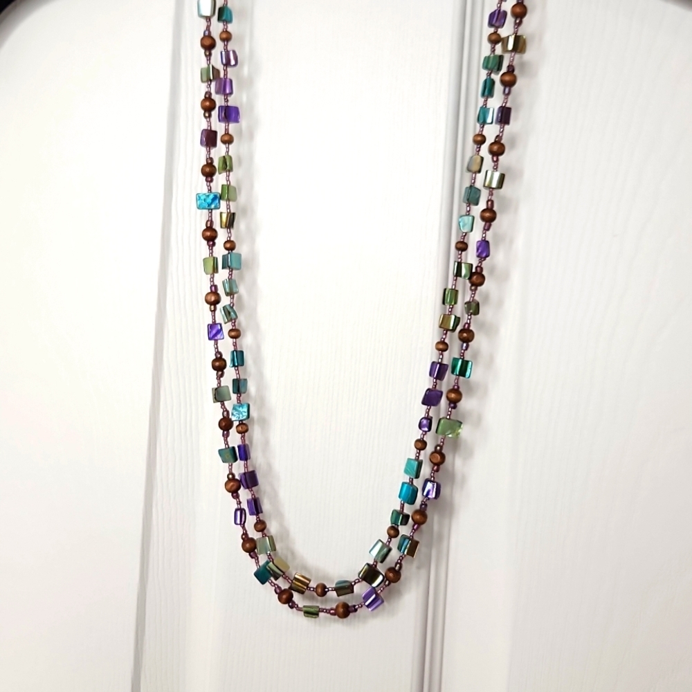 Necklace multi-colored iridescent shell bead multi strand purple turquoise green